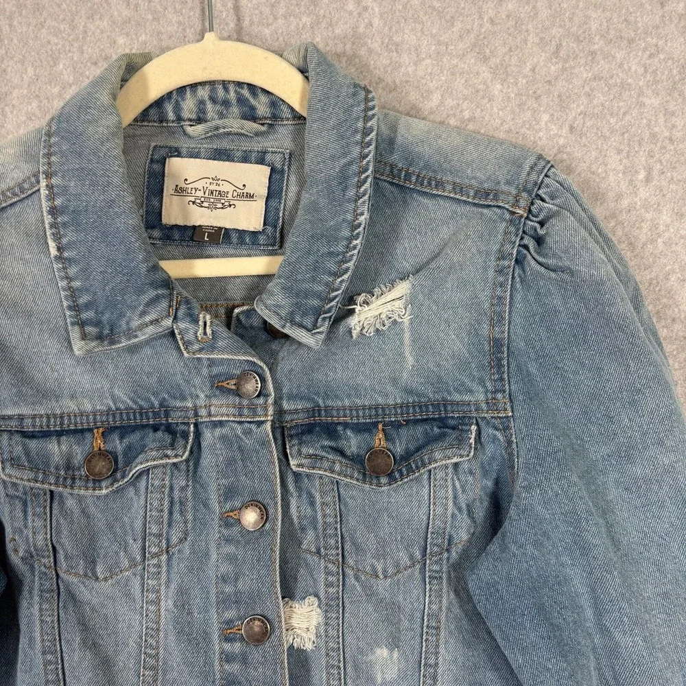 Ashley Vintage Charm Jean Jacket Large Distressed Puff Holes Girly Cute Feminine
